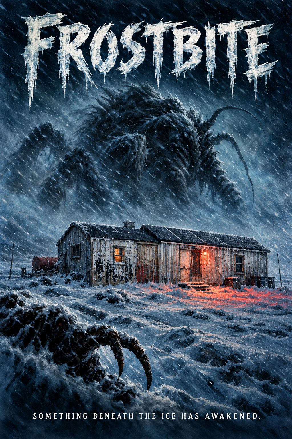 FROSTBITE: a frozen research outpost glows orange in a blizzard beneath an ominous creature